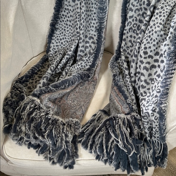 Luxury Gray Blue Cashmere Reversible Leopard Paisley Print Rabbit Fur Scarf Wrap - Picture 5 of 12